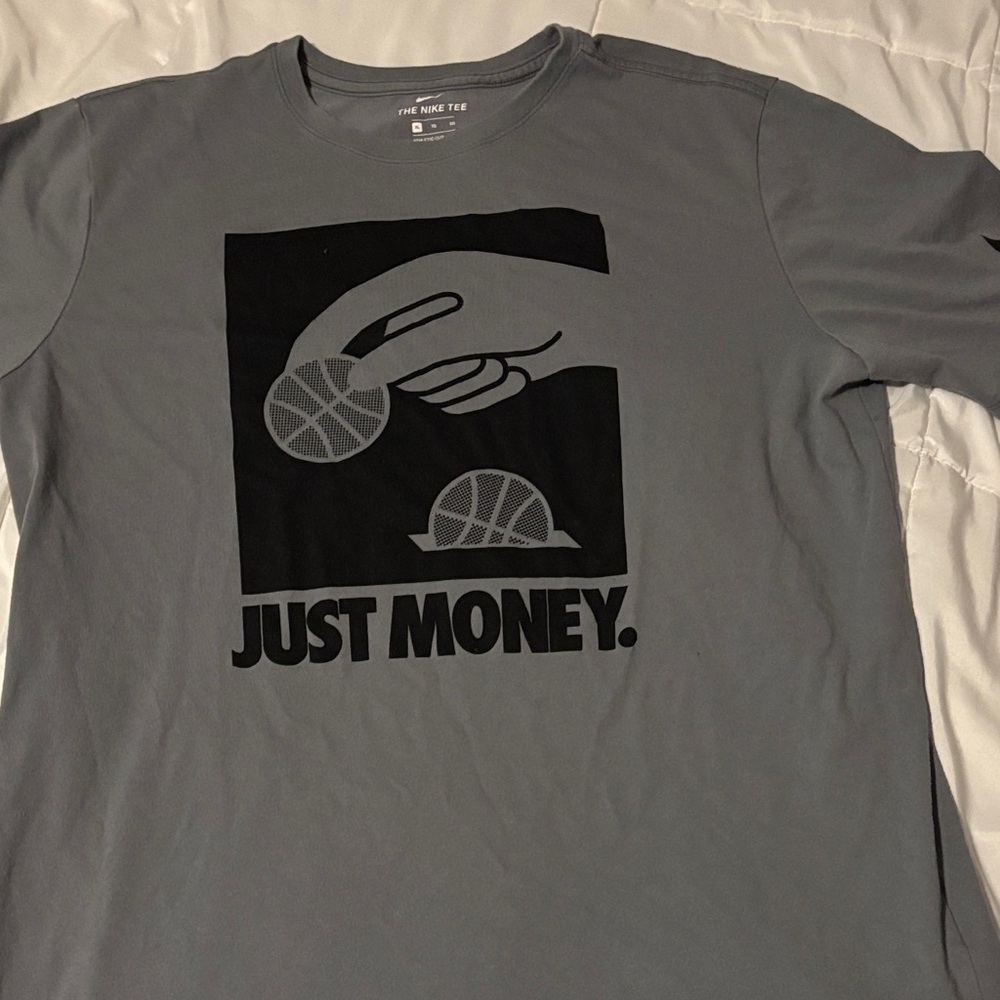 Nike Gray and Black 'Just Money' Graphic Tee